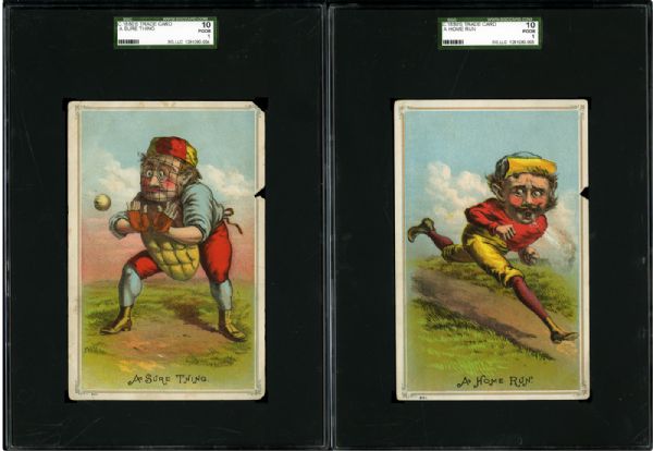 CIRCA 1880S PAIR OF BASEBALL THEMED TRADE CARDS (HAVE THE LOOK OF TOBIN LITHOGRAPHS) - BOTH POOR SGC 1