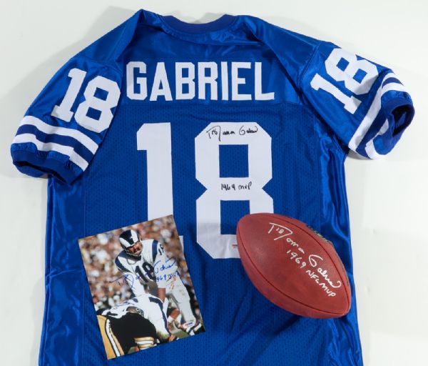 ROMAN GABRIEL SIGNED LOT OF REPLICA JERSEY, FOOTBALL AND 8X10 PHOTO WITH "1969 MVP" INSCRIPTIONS