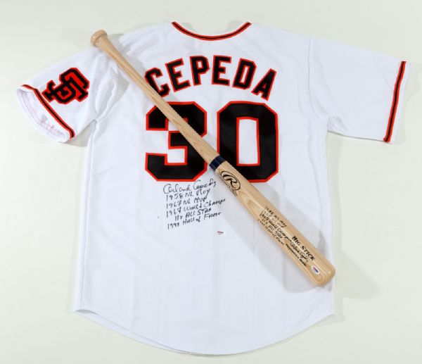 ORLANDO CEPEDA LOT OF SIGNED REPLICA JERSEY AND MODEL BAT WITH MULTIPLE INSCRIPTIONS