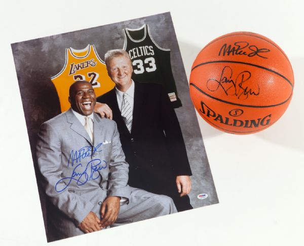 MAGIC JOHNSON AND LARRY BIRD LOT OF SIGNED NBA BASKETBALL AND 16X20 PHOTO