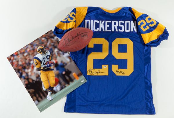 ERIC DICKERSON LOS ANGELES RAMS LOT OF REPLICA SIGNED JERSEY, NFL FOOTBALL AND 16X20 PHOTO WITH "HOF 99" INSCRIPTIONS