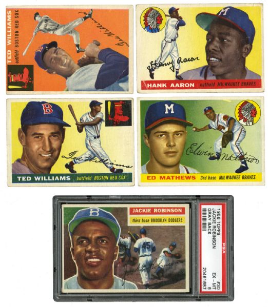 1956 TOPPS #30 JACKIE ROBINSON EX-MT PSA 6, 1954 TOPPS #1 TED WILLIAMS, 1955 TOPPS #2 TED WILLIAMS, #47 HANK AARON, AND #155 ED MATHEWS