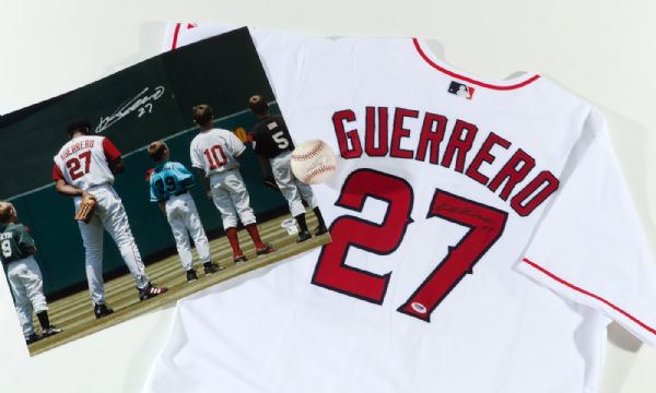 VLADIMIR GUERRERO LOS ANGELES ANGELS LOT OF REPLICA SIGNED JERSEY, BASEBALL AND 16X20 PHOTO