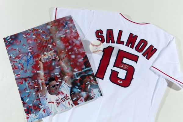 TIM SALMON LOS ANGELES ANGELS LOT OF REPLICA SIGNED JERSEY, BASEBALL AND 16X20 PHOTO
