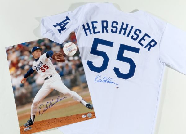 OREL HERSHISER LOS ANGELES DODGERS LOT OF REPLICA SIGNED JERSEY, BASEBALL (INSCRIBED "BULLDOG") AND 16X20 PHOTO