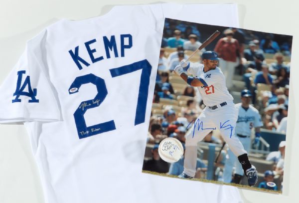 MATT KEMP LOS ANGELES DODGERS LOT OF REPLICA SIGNED JERSEY (INSCRIBED "THE BISON"), BASEBALL, AND 16X20 PHOTO