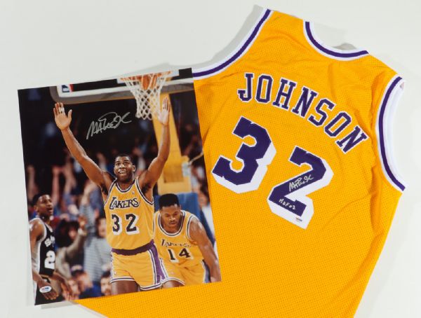 MAGIC JOHNSON LOS ANGELES LAKERS LOT OF REPLICA SIGNED JERSEY (INSCRIBED "HOF 02") AND 16X20 PHOTO
