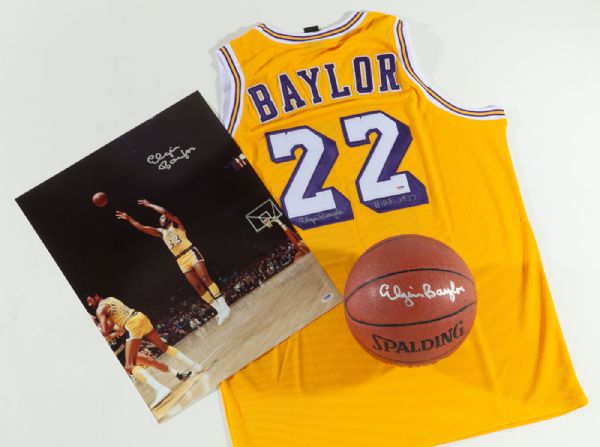 ELGIN BAYLOR LOS ANGELES LAKERS LOT OF REPLICA SIGNED JERSEY (INSCRIBED "H.O.F. 1977"), BASKETBALL , AND 16X20 PHOTO