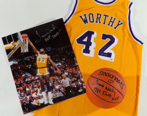 JAMES WORTHY SIGNED LOS ANGELES LAKERS REPLICA JERSEY (INSCRIBED "HOF 2003"), BASKETBALL (INSCRIBED "1988 FINALS MVP"), AND 16X20 PHOTO (INSCRIBED "HOF 2003")