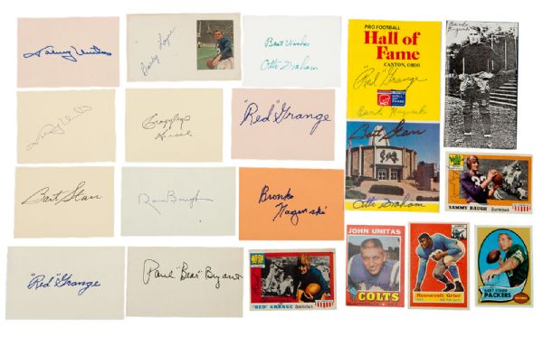 FOOTBALL CARDS, 3X5S, CUTS AND PRO FOOTBALL HALL OF FAME PAMPHLETS (1) SIGNED BY SEVERAL HOFERS