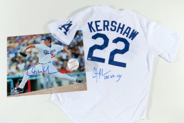 CLAYTON KERSHAW LOS ANGELES DODGERS LOT OF REPLICA SIGNED JERSEY (INSCRIBED "2011 NL CY"), BASEBALL, AND 16X20 PHOTO