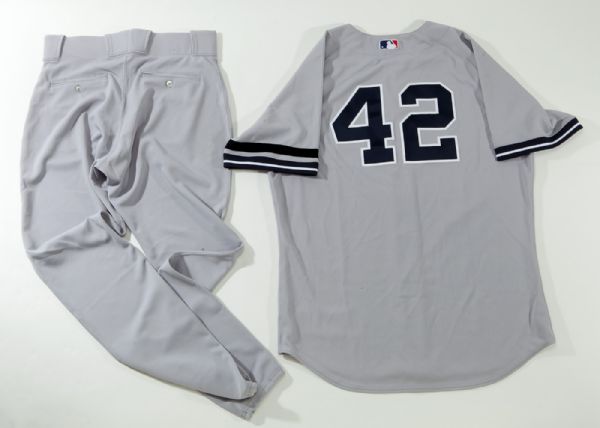 2007 YANKEES MARIANO RIVERA GAME ISSUED ROAD GRAY PANTS AND JERSEY WITH # 10 "RIZZUTO ARM BAND" - STEINER
