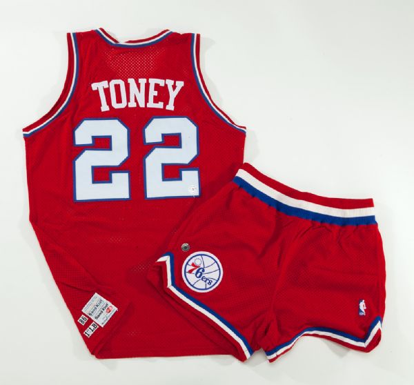 1986/87 ANDREW TONEY PHILADELPHIA 76ERS GAME WORN JERSEY AND SHORTS
