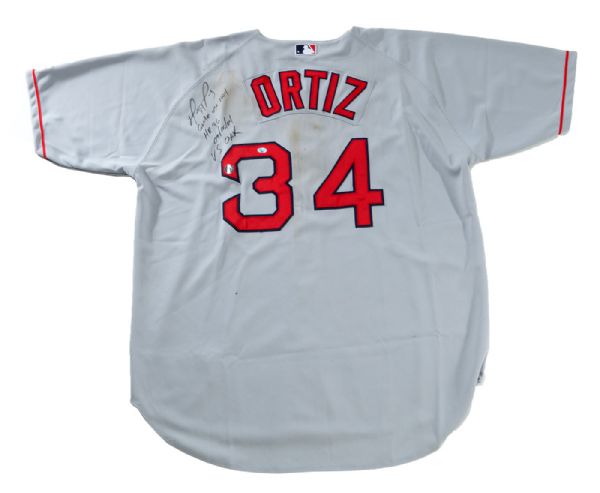 2004 DAVID ORTIZ SIGNED BOSTON RED SOX GAME USED GRAY ROAD JERSEY WITH INSCRIPTIONS
