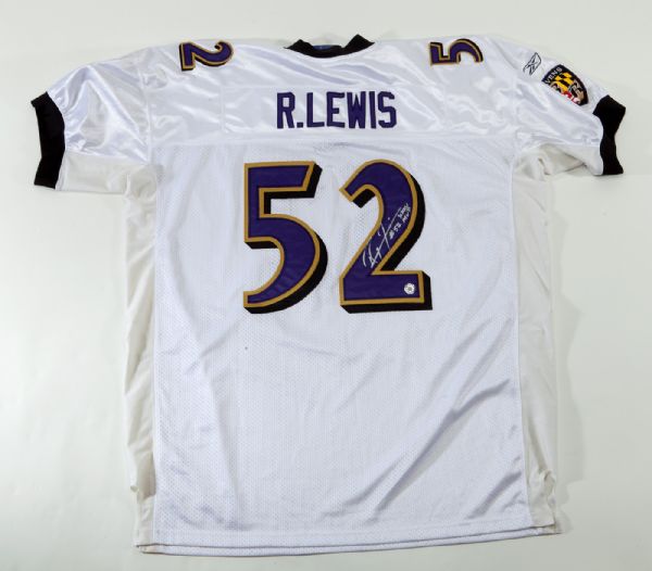 RAY LEWIS SIGNED BALTIMORE RAVENS REEBOK ON FIELD JERSEY WITH INSCRIPTION "#52 XXXV MVP"