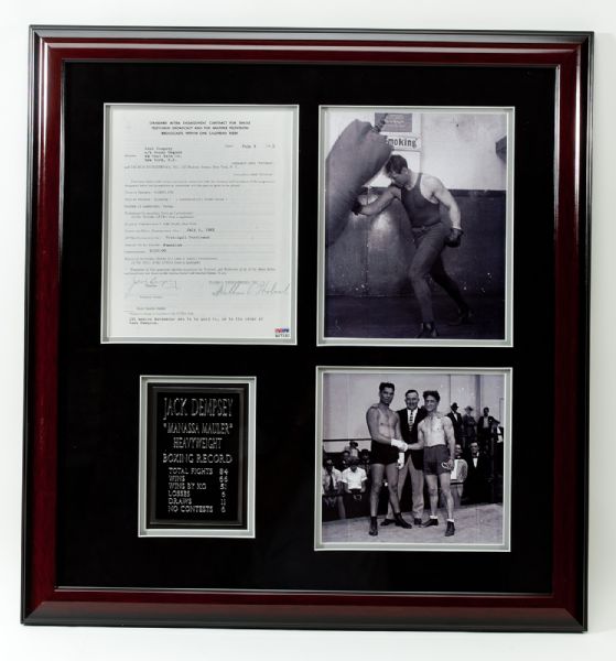 JACK DEMPSEY LARGE 25 x 27 FRAMED PHOTOS WITH SIGNED CONTRACT