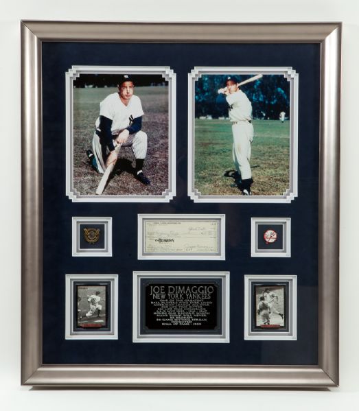 JOE DIMAGGIO LARGE 25 x 28 FRAMED PHOTOS WITH SIGNED CHECK