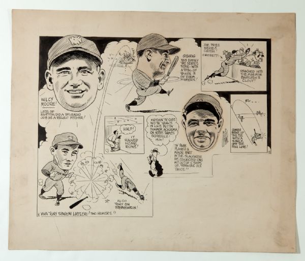 ORIGINAL CARTOON ARTWORK BY BOB COYNE DEPICTING THE 1932 WORLD SERIES FEATURING BABE RUTH, LOU GEHRIG AND TONY LAZZERI