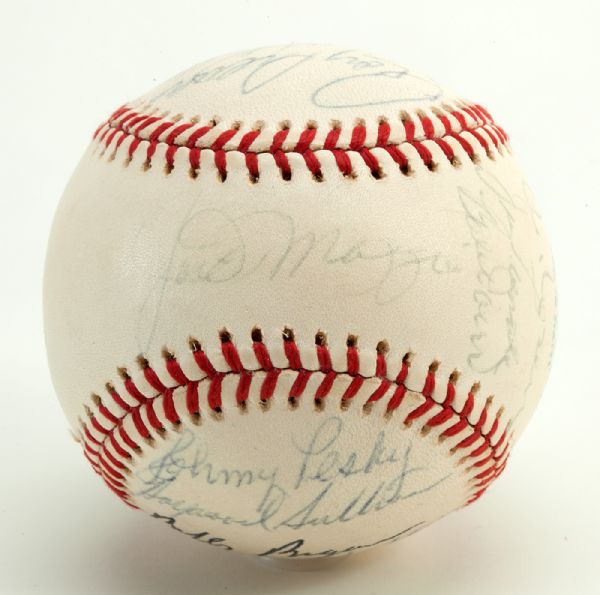 1940S-1960S STARS SIGNED BASEBALL WITH MANTLE AND DIMAGGIO