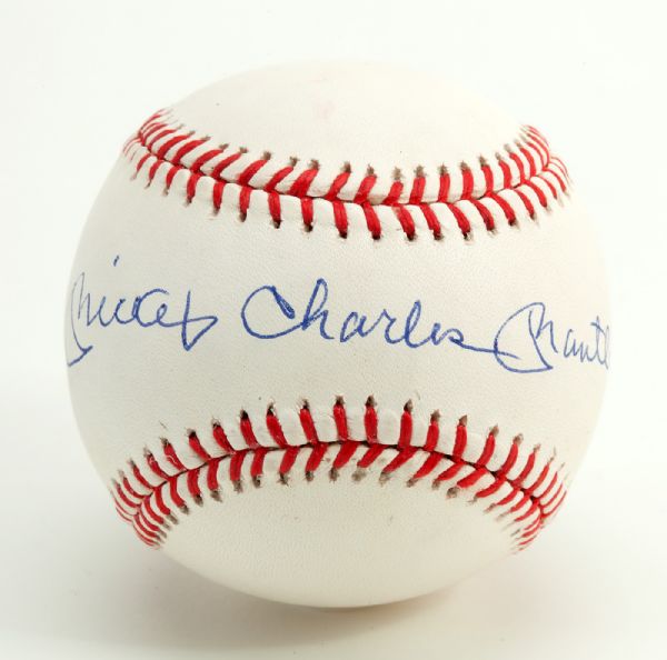 RARE SINGLE SIGNED BASEBALL WITH INSCRIPTION OF "MICKEY CHARLES MANTLE" PSA/DNA NM-MT 8