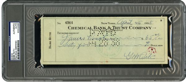 1938 BABE RUTH SIGNED PERSONAL CHECK PSA/DNA AUTHENTIC
