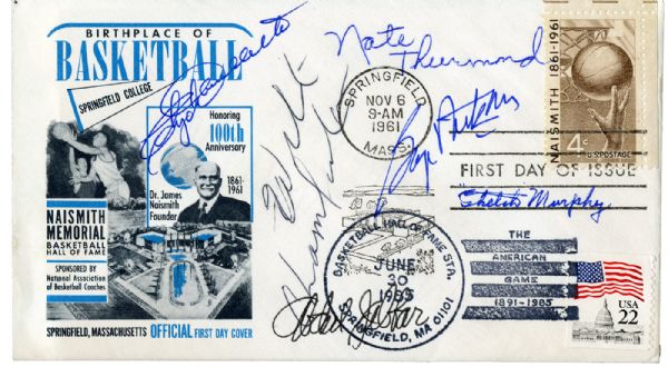 BASKETBALL HALL OF FAME FIRST DAY COVER WITH MULTIPLE SIGNATURES INCLUDING CHAMBERLAIN