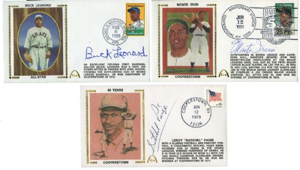 LOT OF (3) NEGRO LEAGUE PLAYERS SIGNED FIRST DAY COVERS INCLUDING SATCHEL PAIGE, BUCK LEONARD, AND MONTE IRVIN
