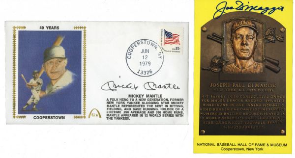 JOE DIMAGGIO SIGNED GOLD HALL OF FAME PLAQUE CARD AND MICKEY MANTLE SIGNED FIRST DAY COVERS