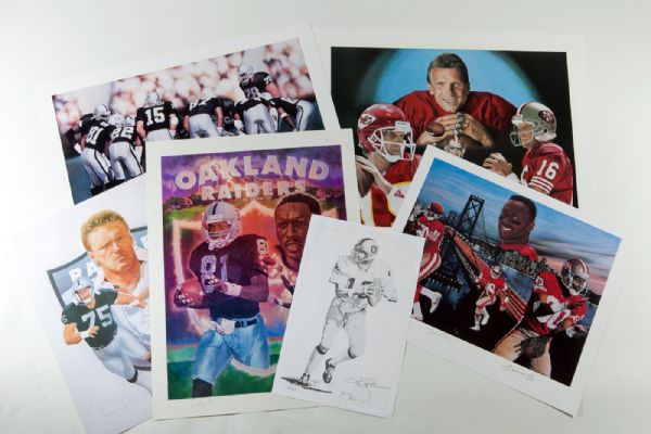 LOT OF (4) OAKLAND RAIDERS SIGNED PRINTS AND (2) SAN FRANCISCO SIGNED PRINTS WITH MONTANA AND RICE