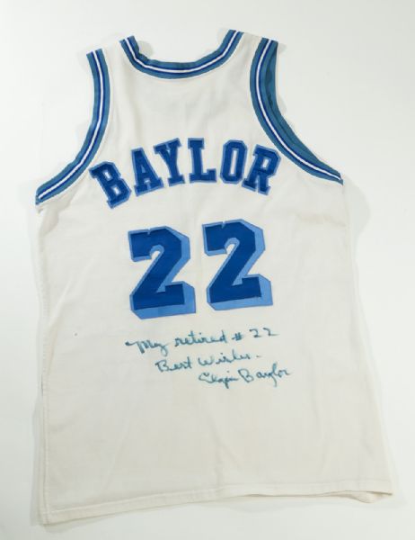 ELGIN BAYLOR LOS ANGELES LAKERS REPLICA THROWBACK JERSEY WITH INSCRIPTIONS INCLUDING "MY RETIRED #22 BEST WISHES ELGIN BAYLOR"
