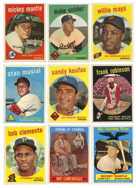1959 TOPPS BASEBALL HALL OF FAME LOT OF 11 INC. MANTLE, CLEMENTE, MAYS, KOUFAX, MANTLE AS