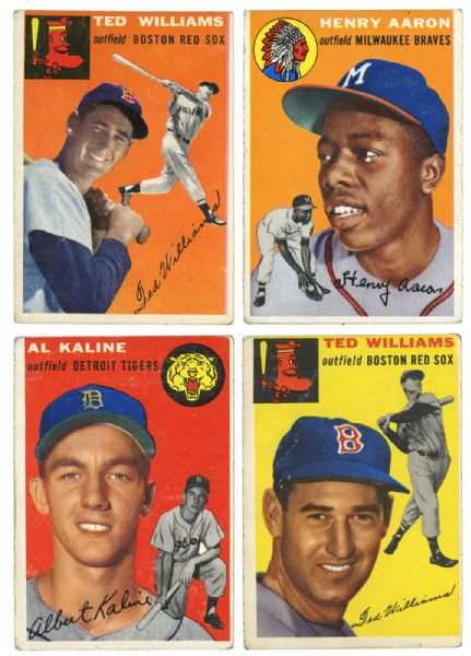 1954 TOPPS BASEBALL HALL OF FAME LOT OF 4 - #128 AARON ROOKIE, #201 KALINE ROOKIE, #1 T. WILLIAMS, #250 T. WILLIAMS