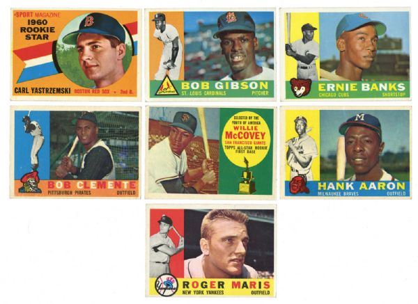 1960 TOPPS BASEBALL HALL OF FAME AND STAR LOT OF 7 INC. YASTRZEMSKI ROOKIE, MCCOVEY ROOKIE, CLEMENTE, AARON