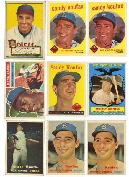 1952 THROUGH 1960 TOPPS AND BOWMAN BASEBALL HALL OF FAME AND STAR LOT OF 21 INC. MANTLE (3), AARON (3), KOUFAX (6)
