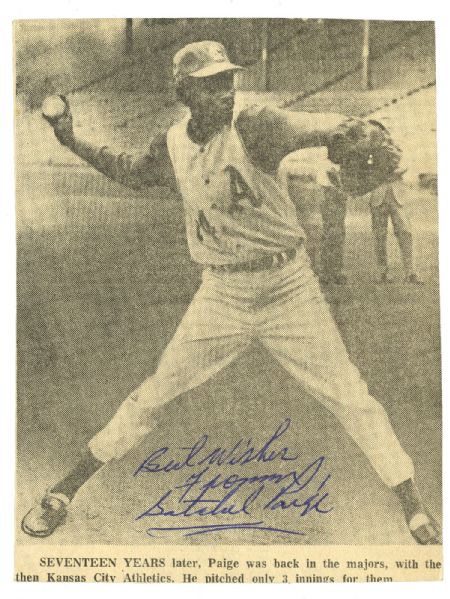 SATCHEL PAIGE SIGNED NEWSPAPER CLIPPING WITH INSCRIPTION "BEST WISHES FROM SATCHEL PAIGE"
