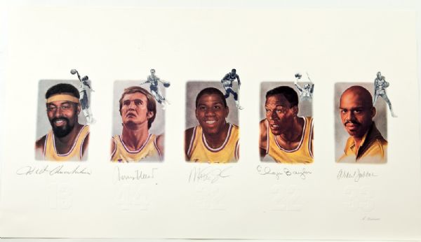 THE LOS ANGELES LAKERS LEGENDS LITHO SIGNED BY CHAMBERLAIN, WEST, JOHNSON, BAYLOR, AND ABDUL-JABBAR