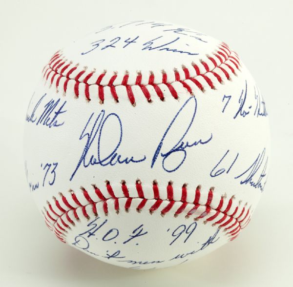 NOLAN RYAN SINGLE-SIGNED OLB (SELIG) BASEBALL WITH MULTIPLE INSCRIPTIONS INCL. "7 NO-HITTERS" "61 SHUTOUTS" "HOF 99" "DONT MESS WITH TEXAS" "324 WINS" "5714 KS" "383 KS 73" AND "69 MIRACLE METS"