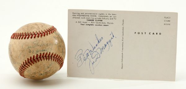 JOE DIMAGGIO SIGNED ONL (FRICK) BASEBALL (WITH MULTIPLE PLAYERS) AND SIGNED POST CARD WITH INSCRIPTION "BEST WISHES JOE DIMAGGIO"