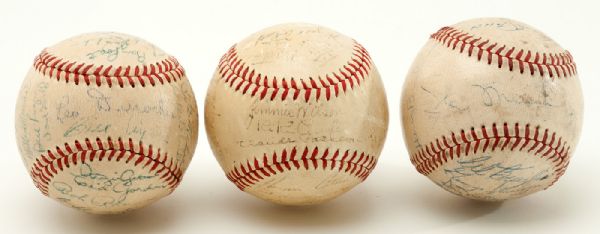 LOT OF (3) MULTI-SIGNED BASEBALLS INCL (1) WITH EARLY STAN MUSIAL SIGNATURE, 1949 NEW YORK GIANTS TEAM SIGNED AND 1943 BROOKLYN DODGERS VS CHICAGO CUBS