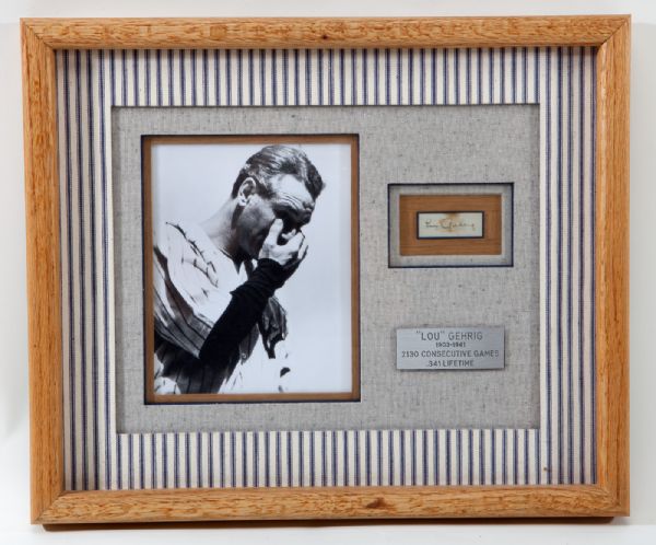 LOU GEHRIG SIGNED FRAMED CUT WITH PHOTO (UNSIGNED) AND NAME PLATE WITH CAREER STATISTICS
