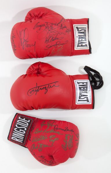 LOT OF (3) SIGNED BOXING GLOVES SINGLE SIGNED EVERLAST JOE FRAZIER MULTI SIGNED EVERLAST FEATURING ANGELO DUNDEE AND MULTI-SIGNED RINGSIDE FEATURING WILLIE PEP X 2