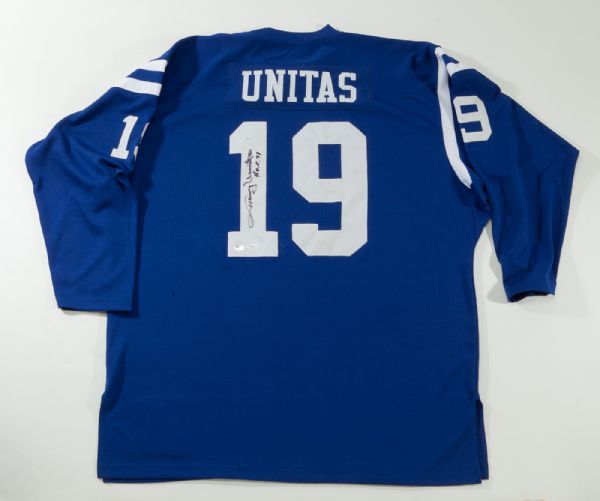 JOHNNY UNITAS BALTIMORE COLTS SIGNED MITCHELL AND NESS JERSEY WITH INSCRIPTION "HOF 79"
