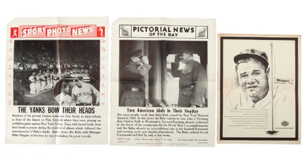 1948 BABE RUTH MEMORIAL LOT OF (3) POSTERS - NEWS SERVICE WITH GENERAL PERSHING, YANKEES TEAM WITH MILLER HUGGINS, AND HILLERICH AND BRADSBY TRIBUTE POSTER