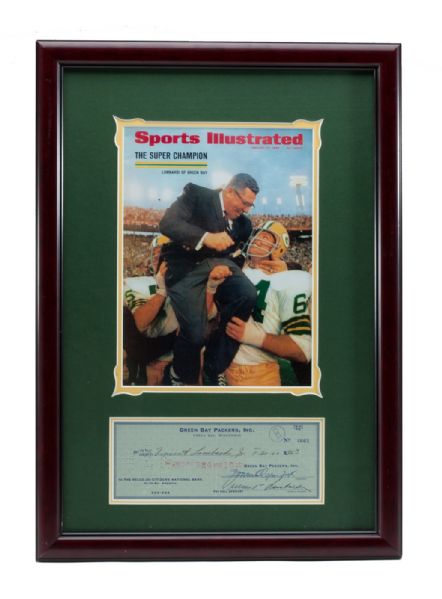 VINCE LOMBARDI SIGNED GREEN BAY PACKERS CHECK (TO VINCE LOMBARDI JR.) FRAMED DISPLAY