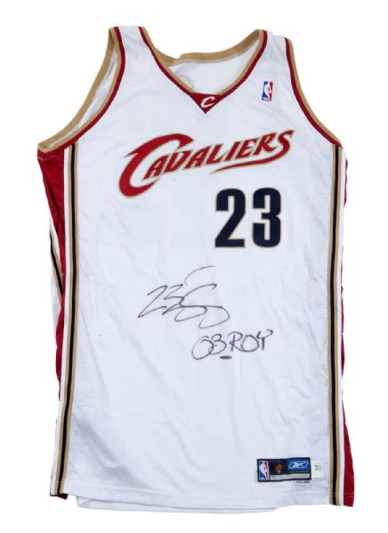 2003-04 LEBRON JAMES AUTOGRAPHED CLEVELAND CAVALIERS GAME WORN ROOKIE HOME JERSEY (ROY) 