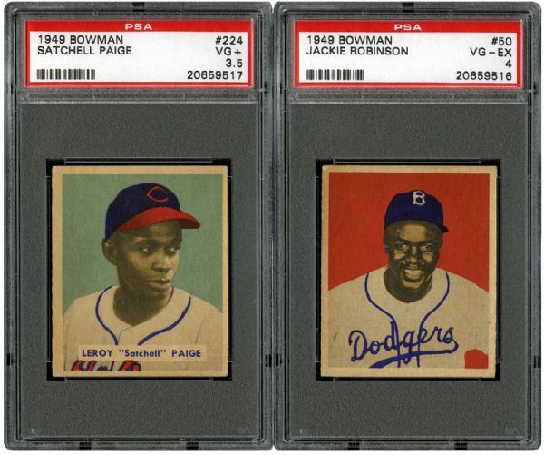  1949 BOWMAN #50 JACKIE ROBINSON AND #224 SATCHEL PAIGE PSA GRADED ROOKIE CARDS