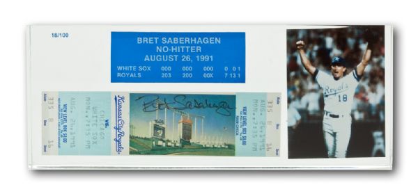 BRET SABERHAGENS 1991 NO-HITTER GAME SIGNED AND FRAMED FULL TICKET AND PHOTO (SABERHAGEN LOA) 