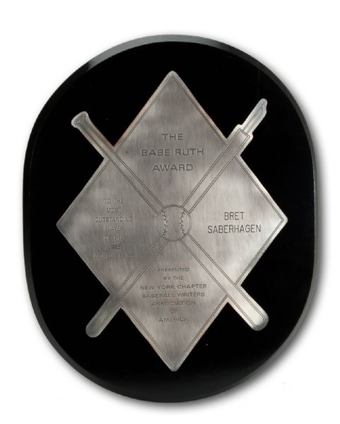 BRET SABERHAGENS 1985 BABE RUTH AWARD PLAQUE FOR MOST OUTSTANDING PLAYER OF THE 1985 WORLD SERIES (SABERHAGEN LOA) 