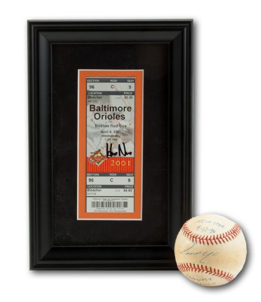BRET SABERHAGENS 1996 HIDEO NOMO SIGNED GAME USED BASEBALL FROM FIRST NO-HITTER AND 2001 SIGNED FULL TICKET FROM HIS SECOND NO-HITTER(SABERHAGEN LOA) 