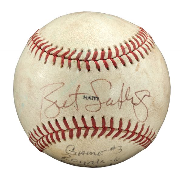 BRET SABERHAGENS 1985 SIGNED AND INSCRIBED WORLD SERIES GAME USED BASEBALL "FIRST WORLD SERIES WIN" (SABERHAGEN LOA) 